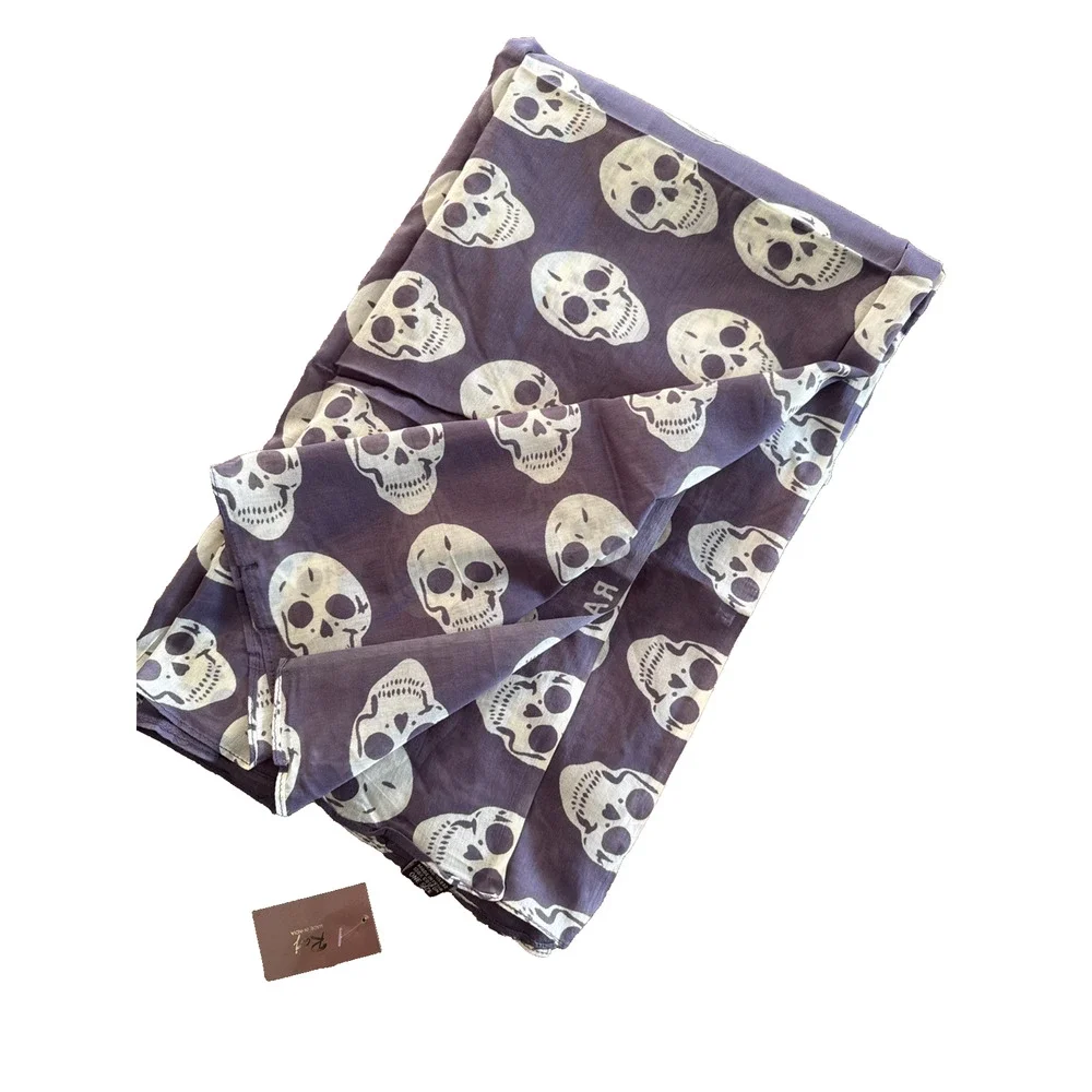 RAJ Anthropologie Skull Printed Purple and Cream 100% Cotton Scarf 75x40